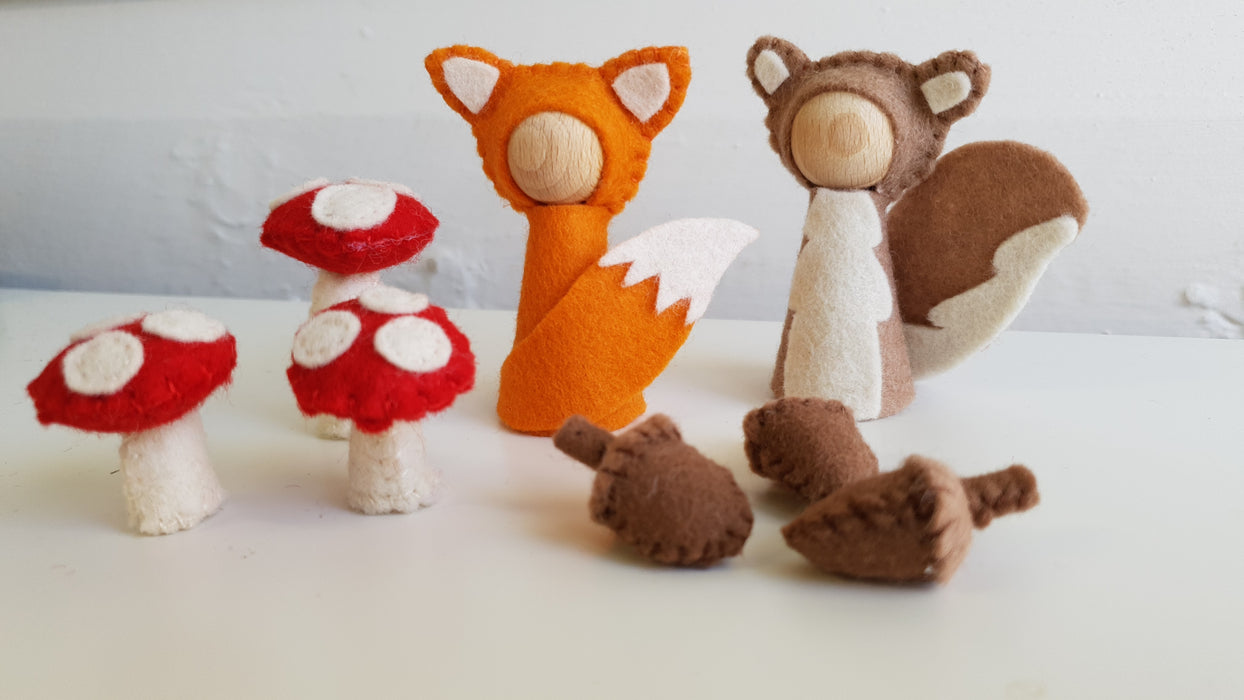 Woodland Little Fox and Squirrel Peg Dolls with Acorns and Mushrooms PDF Download Sewing Pattern