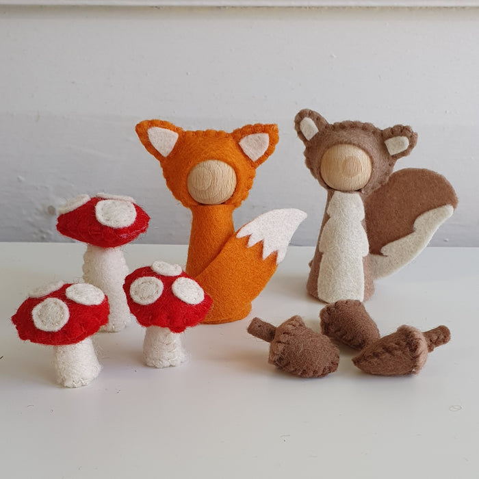 Woodland Little Fox and Squirrel Peg Dolls with Acorns and Mushrooms PDF Download Sewing Pattern